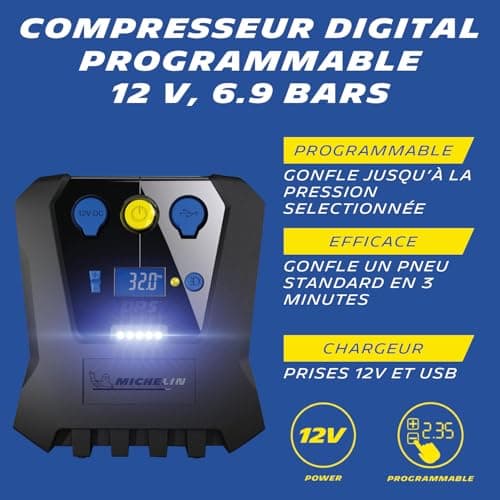 MICHELIN 009519 12V Programmable Air Compressor - 7 Bars - 3 Minutes Car Tyre Inflation - Auto Shut-Off - Digital Pressure Gauge - Robust Compact - LED - Comes with Adapter Tips - Image 5