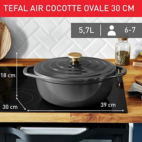 Tefal Cast Iron Casserole Oval 30 x 23 cm (5.7 L), Induction, Ceramic Coated, Condensing Lid, Heat Retention, Slow Cooking, Light, Air, Grey E2558904 - Image 5