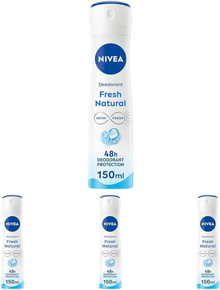 NIVEA Atomiseur Fresh Natural 0% (1 x 150 ml), déodorant femme efficacité 48 hrs, anti transpirant aisselles fraîcheur longue durée, antiperspirant sans aluminium (Lot de 4)