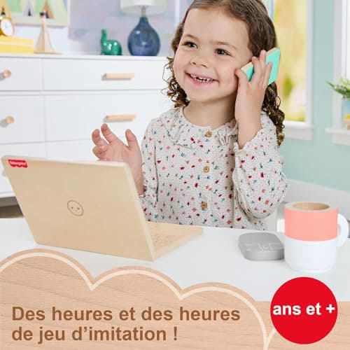 Fisher-Price HXV11 9 Piece Wooden Telework Set with Laptop and Wooden Phone for Imitation Play for Children from 3 Years Old - Image 3
