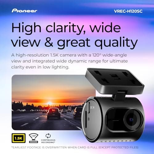 Pioneer VREC-H120SC Compact Car Dashboard Camera, 1.5K Resolution Discreet Car Camera with Impact Detection, 120 Degree Wide Angle Coverage, Built-in WiFi, Companion App, USB-C - Image 4