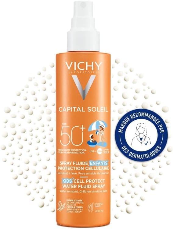 Vichy, Capital Soleil, Spray Fluide Enfants Protection Cellulaire, SPF50+, Haute Protection UV, Enrichi en Fractions de Probiotiques et Acide Hyaluronique, Peaux Sensibles, 200 ml - Image 1