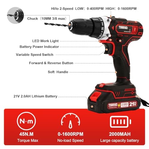 TEENO 21 V Cordless Drill for Makita Battery 2 x 2.0Ah Batteries, 45 Nm Cordless Screwdriver, 25 + 1 Torque Settings, 2 Speeds, LED, 46 Accessories and Suitcase, for Woodworking - Image 3