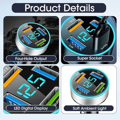 USB Car Cigarette Lighter, 4 Ports 66W Car Charger, Quick Charge with LED Voltmeter, USB C Alumencigar, Mobile Phone Chargers for Automobile, Samsung, Xiaomi - Image 3
