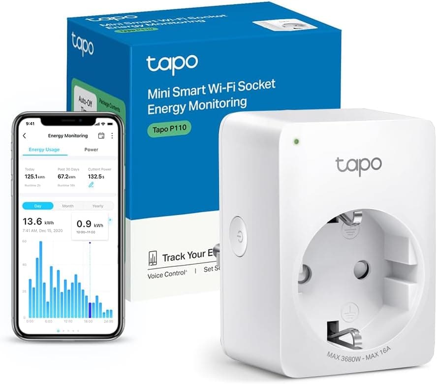 Tapo Tapo Prise Connectée WiFi, Suivi de consommation, 16A Type F, compatible avec Alexa et Google Home, Contrôler le radiateur, le chauffage, Économie d'énergie, Commande vocale, Tapo P110(1-pack)
