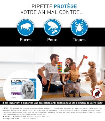 Frontline Spot-on Chien - Anti Puces, Tiques & Poux Broyeurs - Protège Pendant 8 Semaines Contre Les Puces/4 Semaines Contre Les Tiques - pour Chien 20 à 40 kg - Fabriqué en France - 3 Pipettes - Image 6