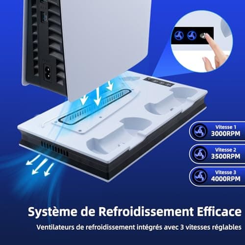 Wigearss PS5/PS5 Slim/PS5 Pro Cooling Station Fan, Vertical Charging Stand with Dual Controller Charger, 3 Levels Adjustable Ventilation Speed - Image 5