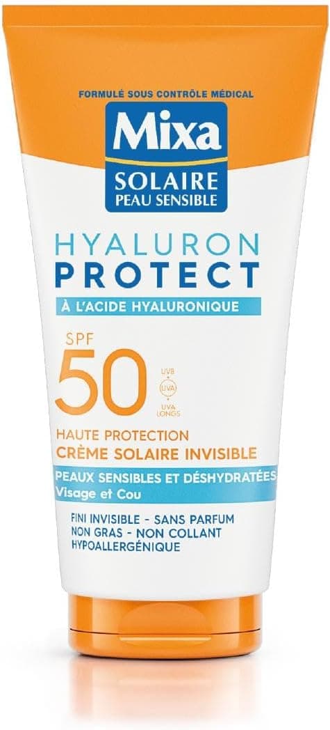 Mixa Solaire Peau Sensible - Crème Solaire Invisible à l'Acide Hyaluronique - Haute Protection SFP50 UVA, UVA longs, UVB - Peaux Sensibles et Déshydratées - Visage et Cou - Hypoallergénique - 50 ml