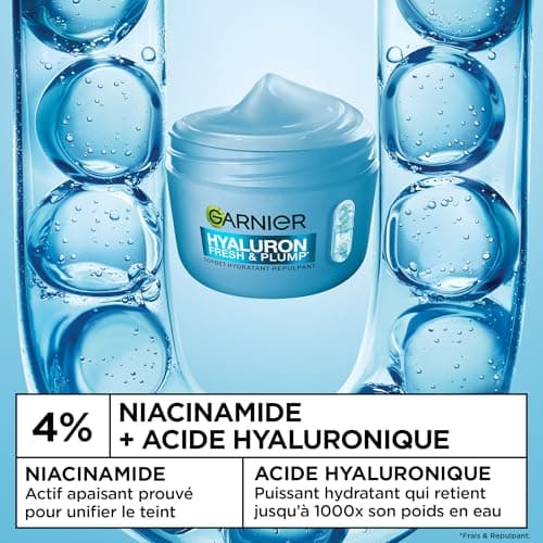 GARNIER - Hyaluron - Crème Sorbet Hydratante Repulpante Fresh et Plump - Crème Visage à l'Acide Hyaluronique + Niacinamide - Peau 83% Plus Rebondie et 100% Plus Lisse - Tous Types de Peaux - 85 ml - Image 4