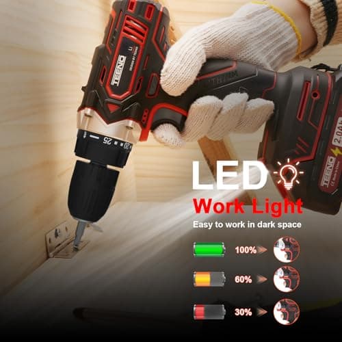 TEENO 21 V Cordless Drill for Makita Battery 2 x 2.0Ah Batteries, 45 Nm Cordless Screwdriver, 25 + 1 Torque Settings, 2 Speeds, LED, 46 Accessories and Suitcase, for Woodworking - Image 7