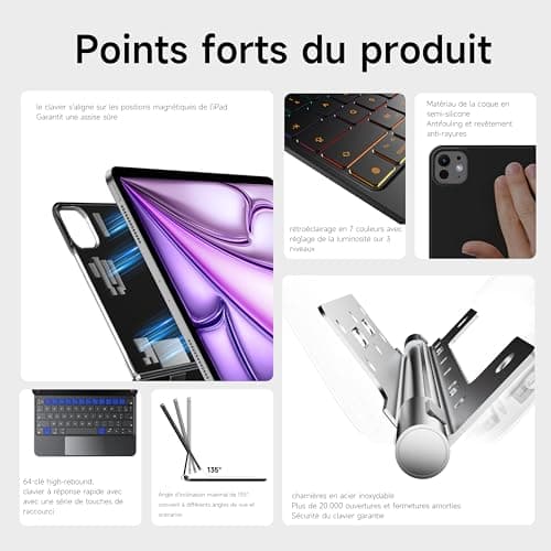 Keyboard for iPad Air 13 Inch (M3 2025 / M2 2024) and iPad Pro 12.9 Inch (6th, 5th, 4th, 3rd Generation), 7 Colors Backlight, Multi-Touch Touchpad, Floating Magnetic Design, AZERTY Black - Image 5