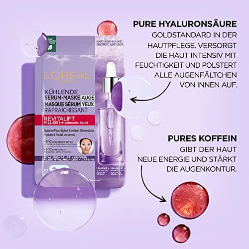 L'Oréal Paris - Eye Serum Tissue Mask - Moisturizing Anti-Wrinkle & Concealer for Eye Contour - With Pure Hyaluronic Acid and Caffeine - Revitalift Filler - 11g (Pack of 5) - Image 4