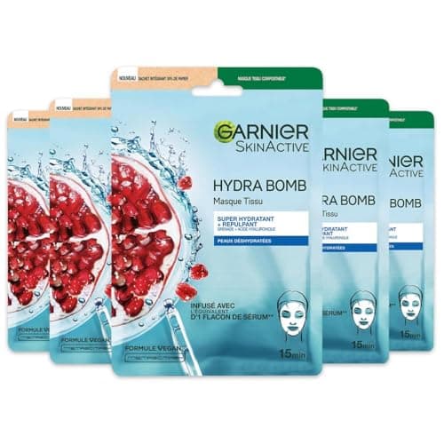 GARNIER Skin Active - Coffret Masques Tissu Hydra Bomb - Hydratant & Repulpant - À Base De Grenade & Acide Hyaluronique - Vegan & Cruelty Free - Tissu Compostable - Peaux Déshydratées - x5 - Image 3
