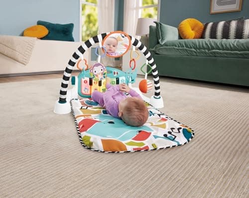 Fisher-Price Tapis Piano Éveil Musical Et Lumineux Bleu, Transportable, 4 Modes De Jeu Éveil Progressif, Version Française, Jouet Enfant, Dès La Naissance, HWY56 - Image 3