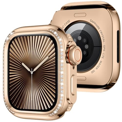 Amizee 2 in 1 Metal Bling Case Compatible with Apple Watch Series 11/10 46mm with Women, Shine Diamond Protector Metal Bumper Cover for iWatch 46mm, Rose Gold/White - Image 2