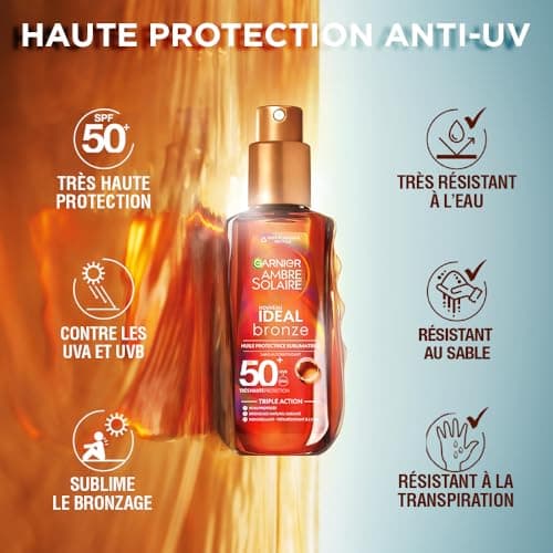 Garnier Ambre Solaire – Ideal Bronze – Huile Protectrice Sublimatrice de Bronzage – Très Haute Protection FPS 50+ - Enrichie à la Vitamine E – Non Gras – Non Collant – Tous Types de Peau - 150 ml - Image 4