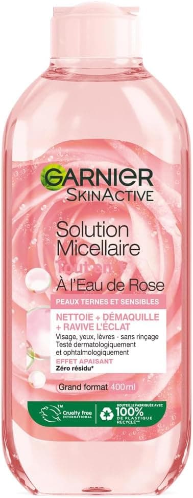 Garnier GARNIER Skin Active - All in 1 Micellar Solution - Cleanses, Removes Make-up & Revives Radiance - Micelles & Rosewater - Vegan & Cruelty Free - Face, Eyes, Lips - Dull & Sensitive Skin - 400 ml