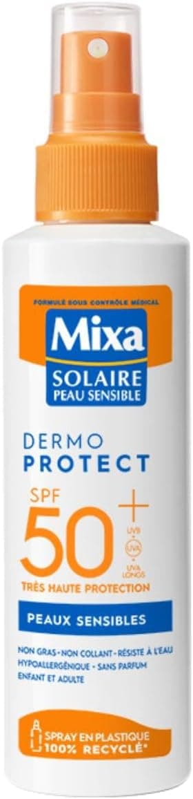 Mixa Solaire Peaux Sensibles - Spray Soin Solaire Très Haute Protection SPF 50+ UVA, UVA longs, UVB - Visage et Corps - Adultes et Enfants - Résistant à l'Eau et au Sable - Hypoallergénique - 150 ml