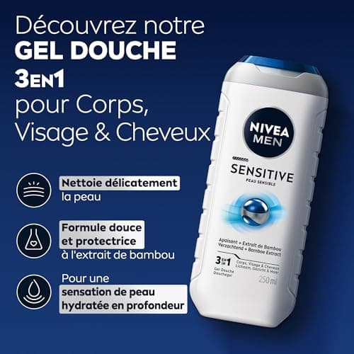 NIVEA MEN Gel Douche Sensitive (lot 6 x 250 ml) — Soin lavant enrichi à l'extrait de Bambou — Gel douche homme 3 EN 1 — Soin nettoyant doux Corps Visage & Cheveux pour les peaux sensibles - Image 4