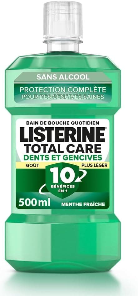 Listerine Listerine – Bain de Bouche Total Care Dents et Gencives Goût Plus Léger 0% Alcool (bouteille de 500 ml) – Soin bucco-dentaire 10 en 1 – Bain de bouche sans alcool pour une haleine fraîche durable