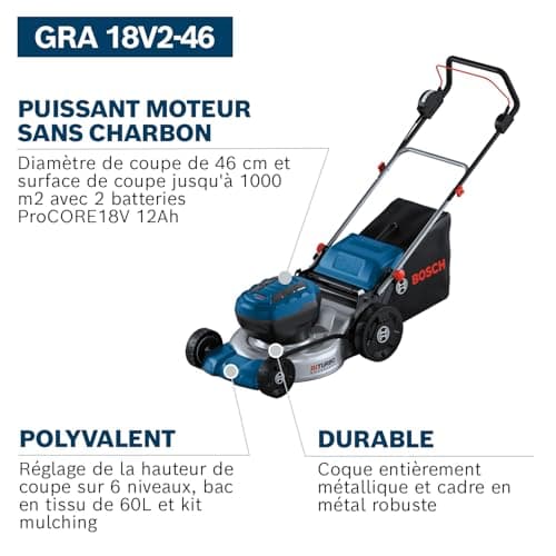 Bosch Professional 18V System tondeuse à gazon sans-fil GRA 18V2-46 (largeur coupe : 46 cm, réglage de hauteur dans 6 positions, sac ramassage en toile 60 l, 2 clés coupe-circuit, bouchon mulching) - Image 7