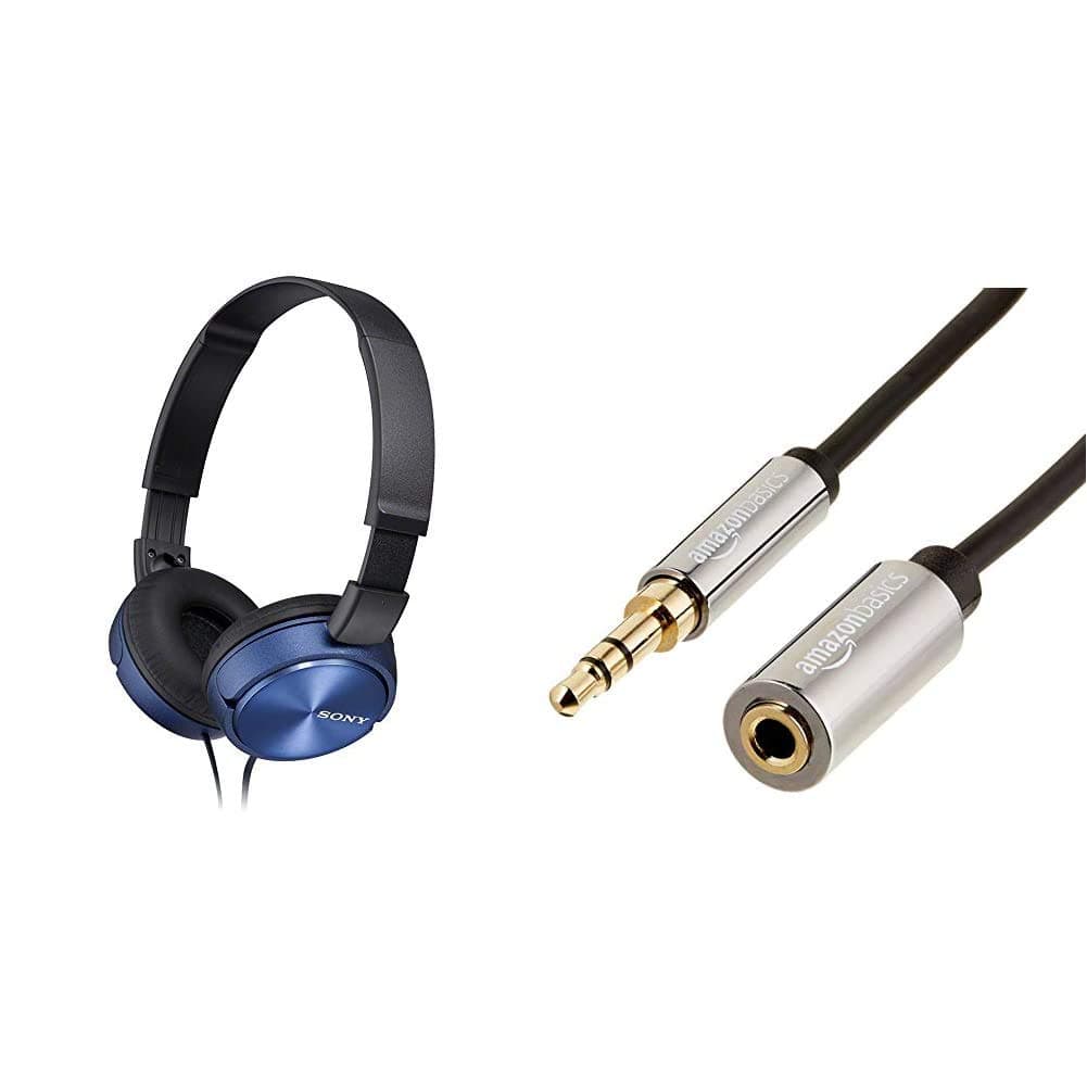 Sony MDR-ZX310L Foldable Headphones - Blue & Amazon Basics Stereo Audio Extension Cable (3.5mm Male to Female) 3.66m
