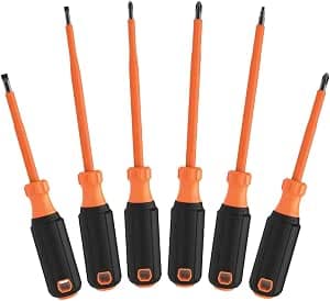 Klein Tools 85076INS insulated screwdriver set includes 1000V electric screwdrivers, (3) Phillips and (2) slotted and square tips, 6 pieces