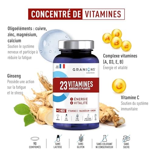GRANIONS 23 VITAMINS - Magnesium, Vitamin D, Vitamin C, Zinc, Chrome, Ginseng, Selenium, Iodine - Energy & Vitality - Anti Fatigue - 90 Tablets - 3 Months Format - Made in France - Image 5