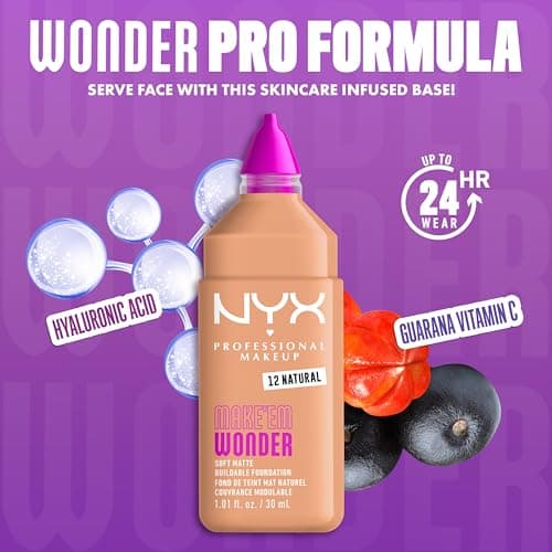 NYX Professional Makeup - Make 'Em Wonder - Fond de Teint - Tenue 24h - Pas d'effet plâtre - Acide Hyaluronique et extrait de Guarana - Formule Vegan - Teinte : Natural 12-30ml - Image 5