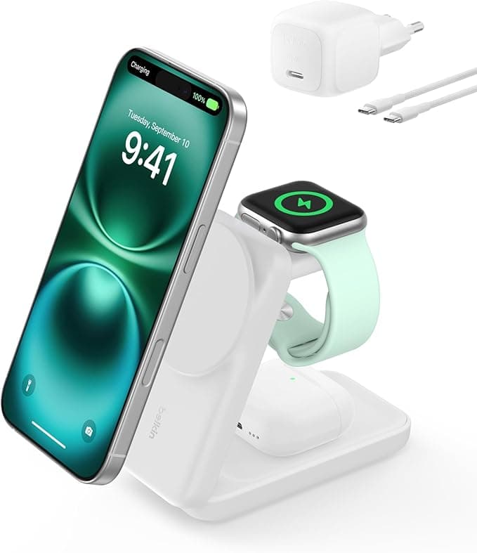Belkin UltraCharge 3 in 1 Qi2 Induction Charger, Magnetic Charging Dock 25W, Wireless Charger with MagSafe for iPhone 17, iPhone Air, Apple Watch, AirPods, Pixelsnap with 45W Charger, White - Image 1