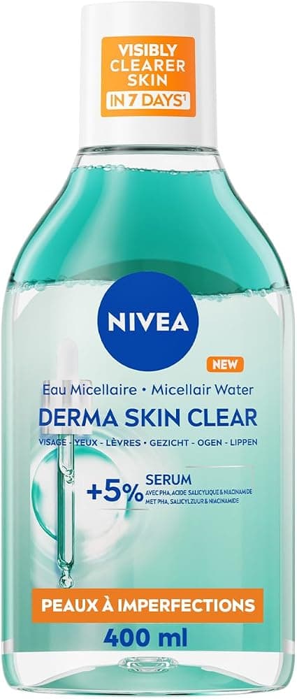 NIVEA - Derma Skin Clear Micellar Water - Face, Eyes, Lips - Gently cleanses, removes makeup & reduces blemishes - 5% Serum With PHA & Salicylic Acid - Skin Blemishes - 400ml - Image 1