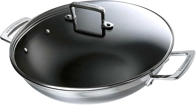 Le Creuset LE CREUSET 96201130001000 Non-Stick Wok with Glass Lid, 30 cm, 3-Ply Integral Stainless Steel, Capacity 4.3 L, Silver - Image 1