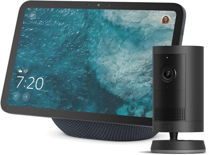 Echo Show 8, écran HD 8,7" couleurs vives, son spatial et Alexa, graphite avec Ring caméra extérieure Plus sans fil, vidéo grand angle 2K