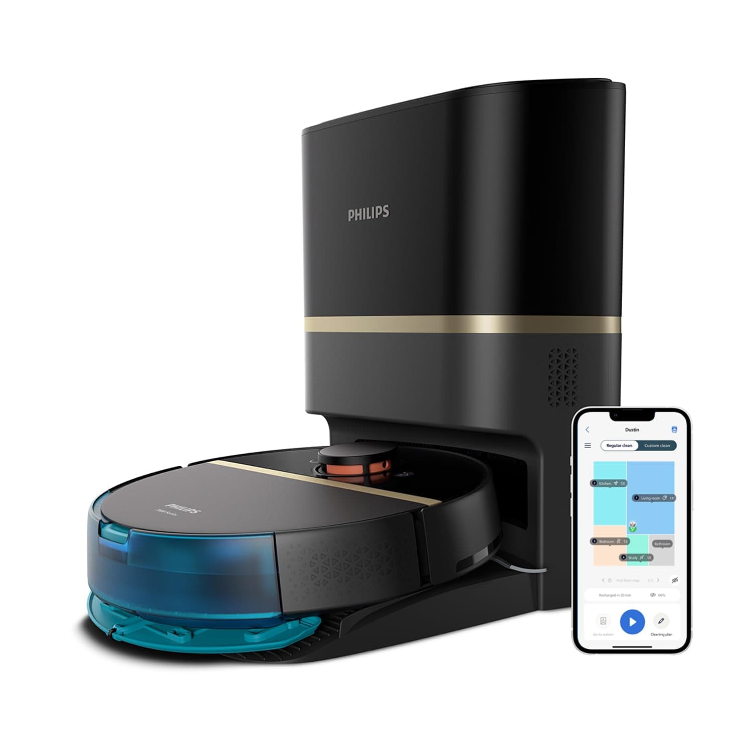 Philips Homerun Series 7000 Robot Vacuum Cleaner, High Suction Power (5000 Pa), Detection of Small Objects, with Station, for Carpet and Pet Hair, Black, Connected App, XU7100/01