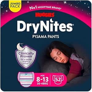 HUGGIES DryNites®, ultra-absorbent sleep underwear, 8/13 years girls (30-48 kg), 4x13 panties; the ideal solution for bedwetting children, adapted to the shape of girls.