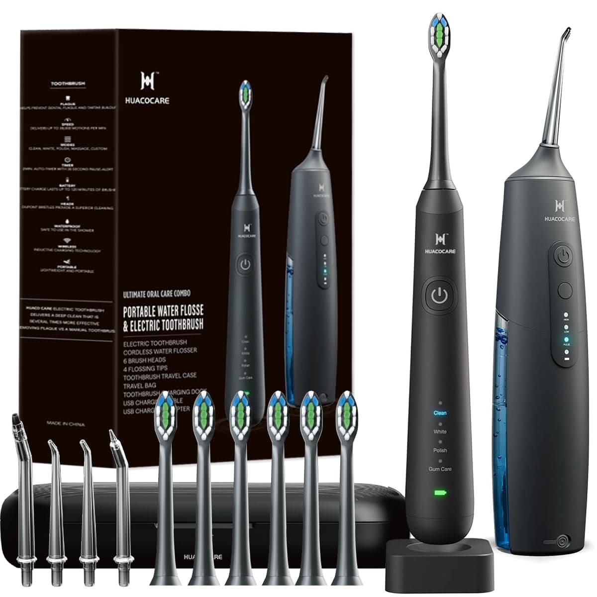 GUM Oral Cleaning Kit 2-1 Oral Flosser and Electric Toothbrush, Toothbrush and Flosser for Cleaning Gums and Gum Health (Black)