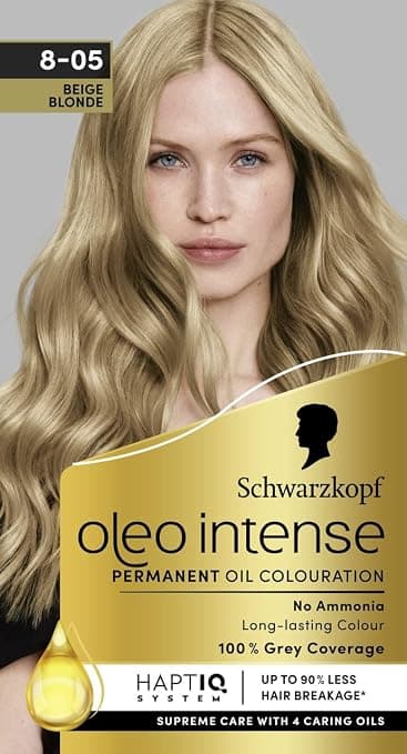 Schwarzkopf Oleo Intense Permanent Oil Dye 8-05 Beige Blonde, Perfect Grey Coverage, Conditioner with HaptIQ System, Long Lasting Colour, No Am Hair Dye - Image 1