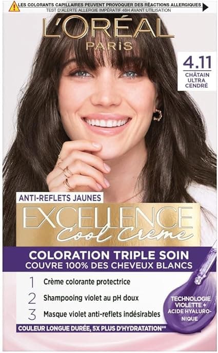L'ORÉAL PARIS - Triple Care Permanent Hair Colour - Anti-Yellow Reflection - 100% White Hair Covers - Excellence Cool Cream - Shade: Ultra Ash Brown (4.11) - Image 1