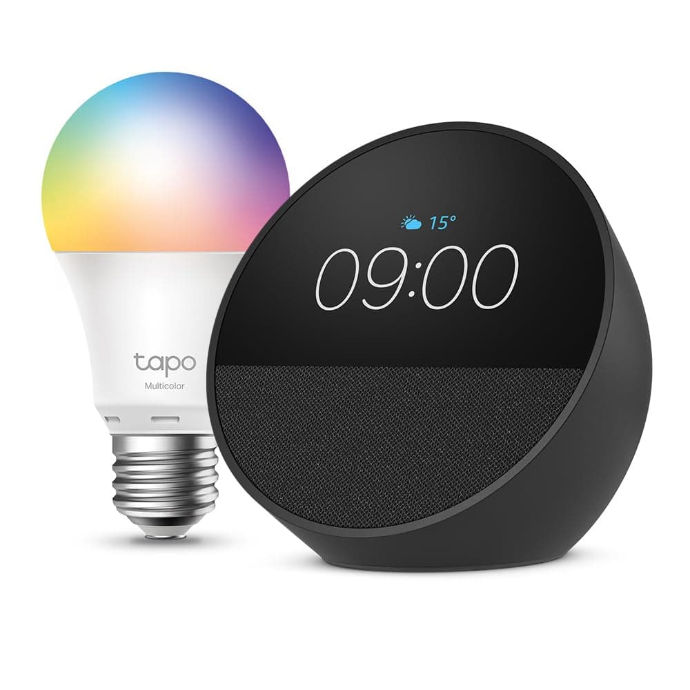 Echo Spot | Noir + Tapo L530EA ampoule connectée LED (E27), Fonctionne avec Alexa - Kit de démarrage Maison connectée - Image 1
