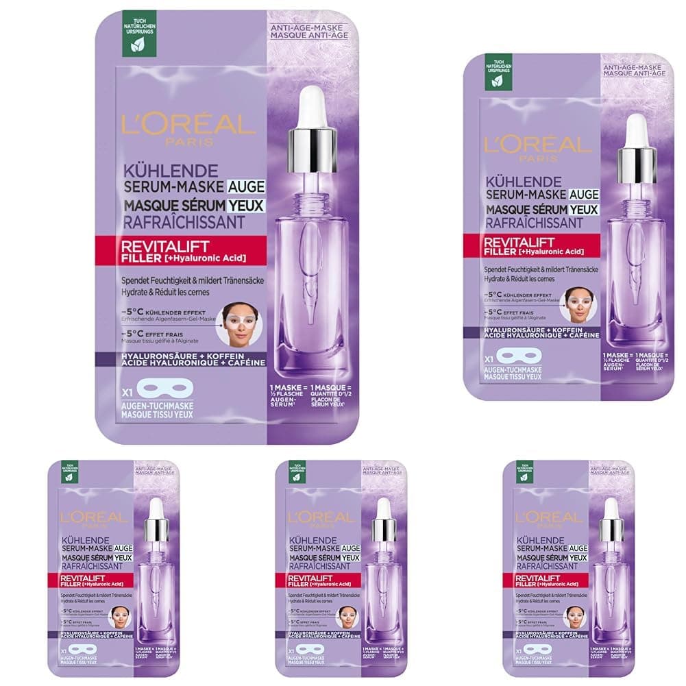 L'Oréal Paris - Eye Serum Tissue Mask - Moisturizing Anti-Wrinkle & Concealer for Eye Contour - With Pure Hyaluronic Acid and Caffeine - Revitalift Filler - 11g (Pack of 5)