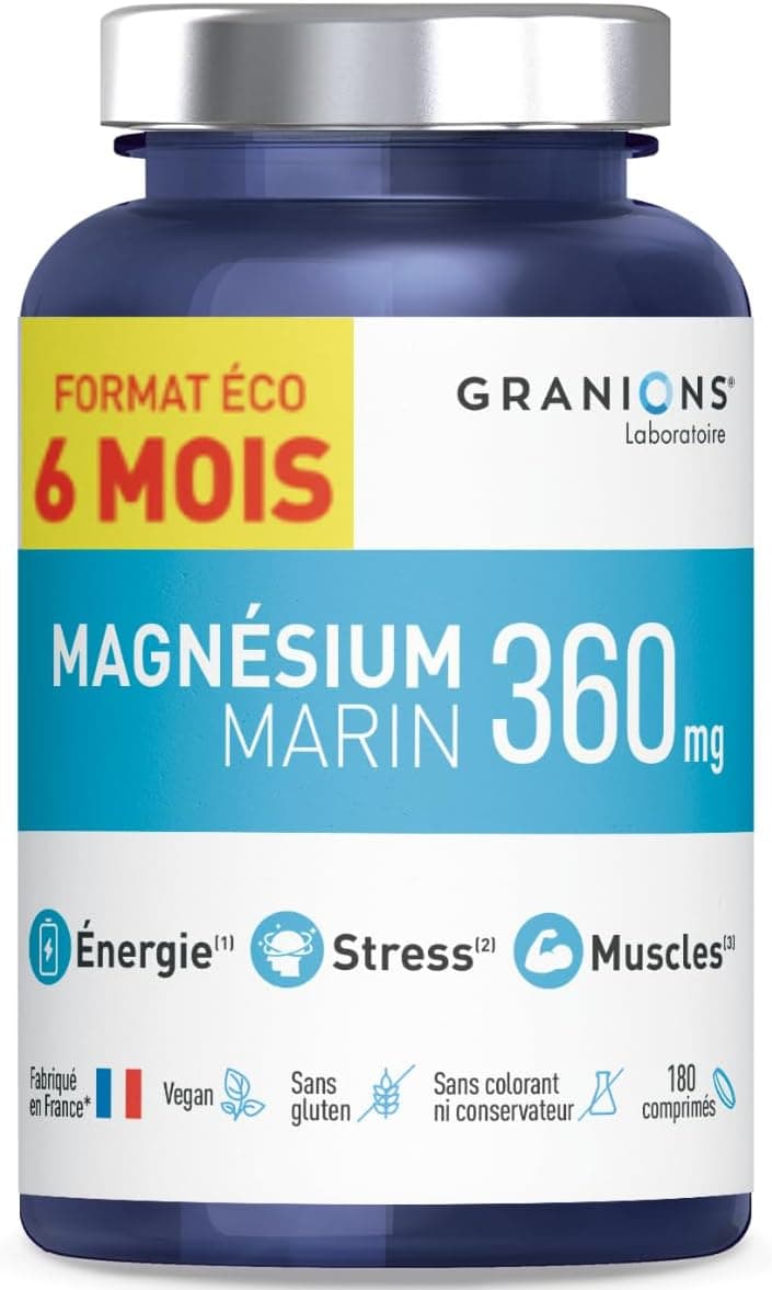 Granions GRANIONS - Magnesium Marin 360 mg - 6 MONTH FORMAT - Made in France - Magnesium + Vitamin B6 - Anti Stress - High Quality Marine Magnesium - 180 Magnesium Tablets