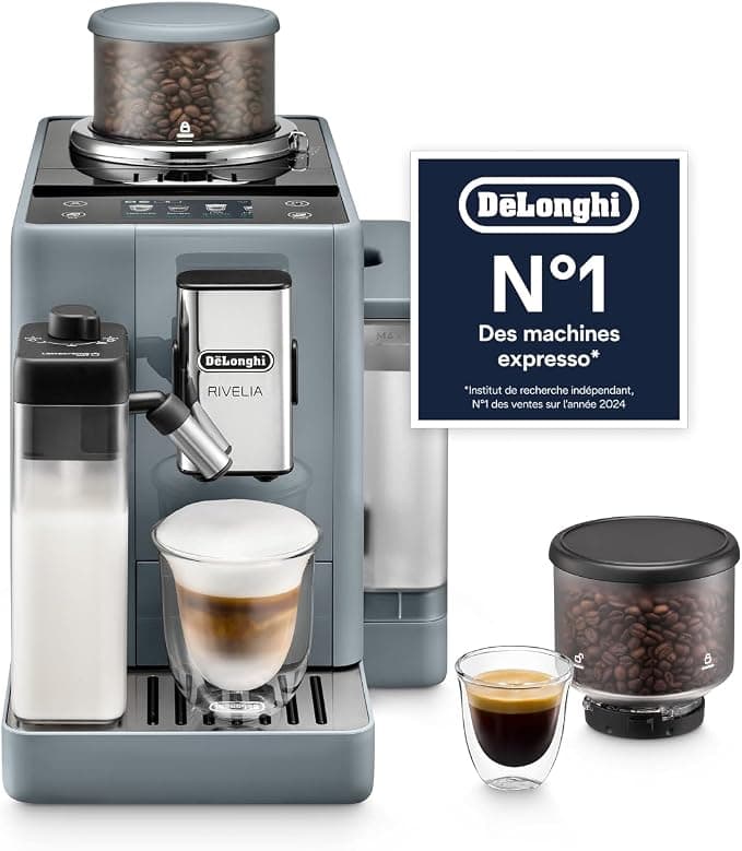 De'Longhi Rivelia - Perfetto Automatic Coffee Machine with LatteCrema Automatic Milk Frother, 16 Saved Drinks, Touch Screen Colors, Interchangeable Containers, Grey (EXAM440.55.G)