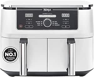 Ninja Foodi MAX Dual Zone Air Fryer, 2 Drawers, 9.5L, 6-in-1, Oil Free, Air Fry, Crispy Max, Roast, Bake, Dehydrate, 8 Servings, Dishwasher Safe Nonstick Baskets, White AF400EUWH