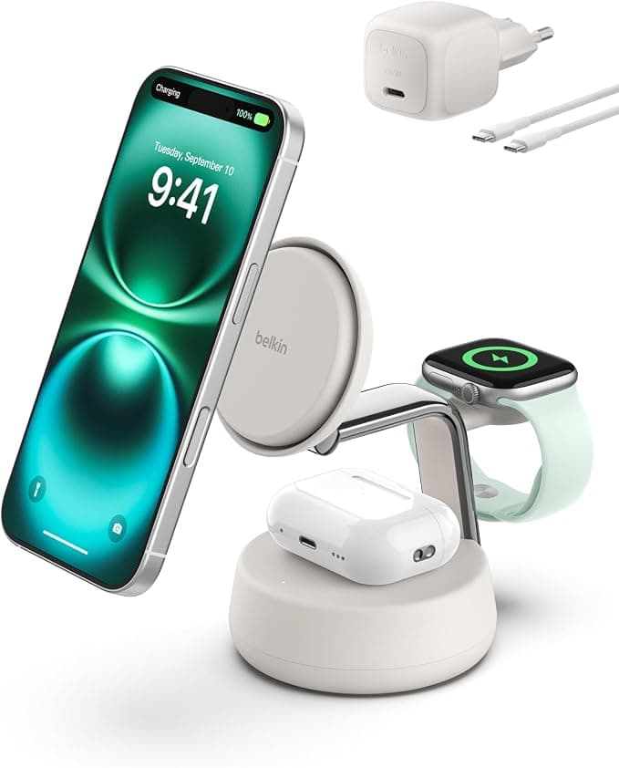 Belkin UltraCharge Pro 3 in 1 Qi2 25W Induction Charger, Charging Station for iPhone 17, iPhone Air, Apple Watch, AirPods, Pixelsnap, Compatible with MagSafe with Fan, 45W Charger – Beige - Image 1