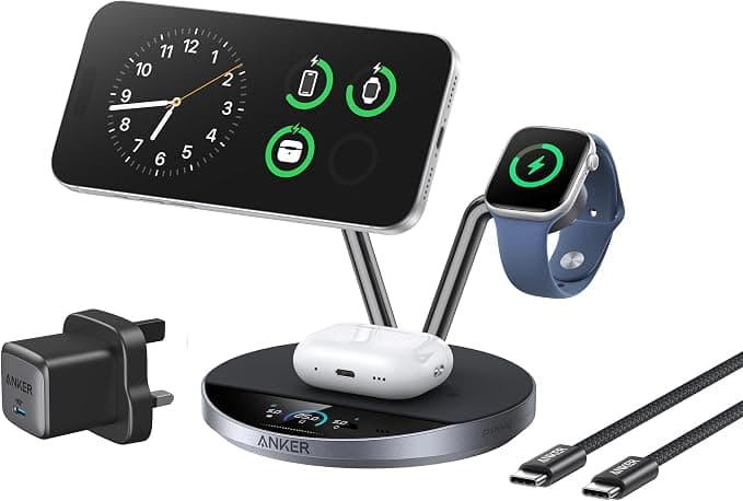 Anker 3 in 1 Charging Station Compatible with Prime MagSafe, Qi2 25W Wireless Charging Dock, Smart Display with Active Cooling TEC, for iPhone 17, Apple Watch, AirPods, and More