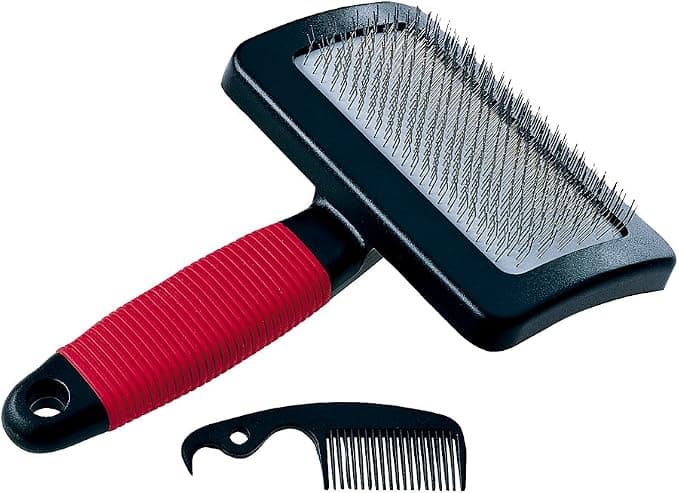 Ferplast Carde Brush for Dogs - Medium to Long Bristles - Angled Bristles & Rounded Stainless Steel Heads - Soft Ergonomic Handle - Extra Comb Included - Size L, Red - Image 1