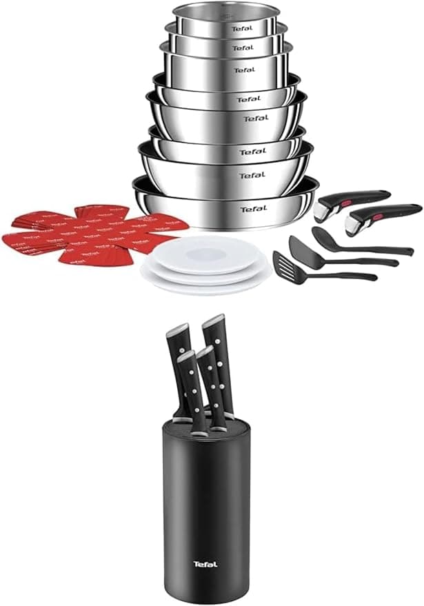 Tefal Set Ingenio 20-Piece Cookware Set, Frying Pans, Saucepans, 2 Removable Handles, Induction, Stackable, L897SK04 + Tefal Kitchen Knife Block, 4 Knives, Stainless Steel K2324S55
