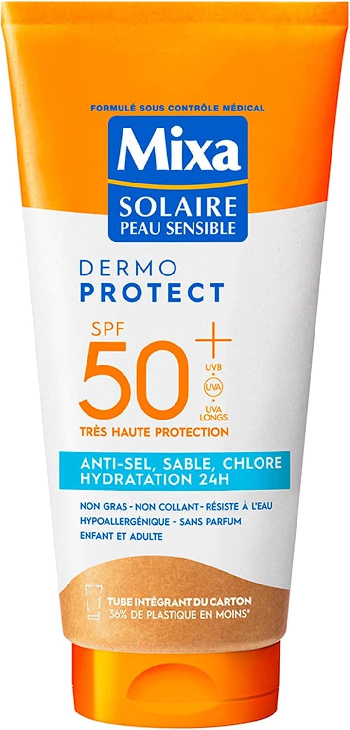 Mixa Solaire Peau Sensible - Lait Soin Solaire Très Haute Protection SPF 50+ UVA, UVA longs, UVB - Anti-Sel, Sable et Chlore - Hydratation 24H - Résistant à l'Eau - Hypoallergénique - 175ml - Image 1