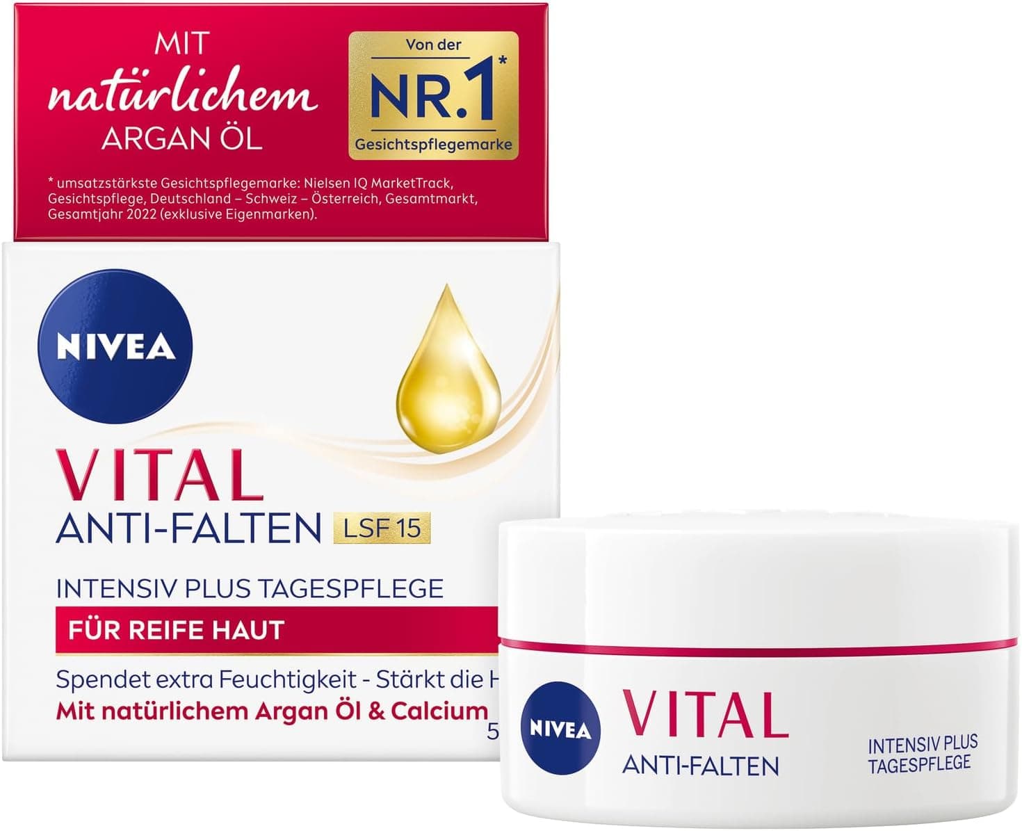 NIVEA VITAL Soin de jour anti-rides Intensiv Plus SPF 15, soin du visage pour peaux matures à l'huile d'argan naturelle et au calcium, crème de jour avec SPF pour une hydratation intense (50 ml) - Image 1