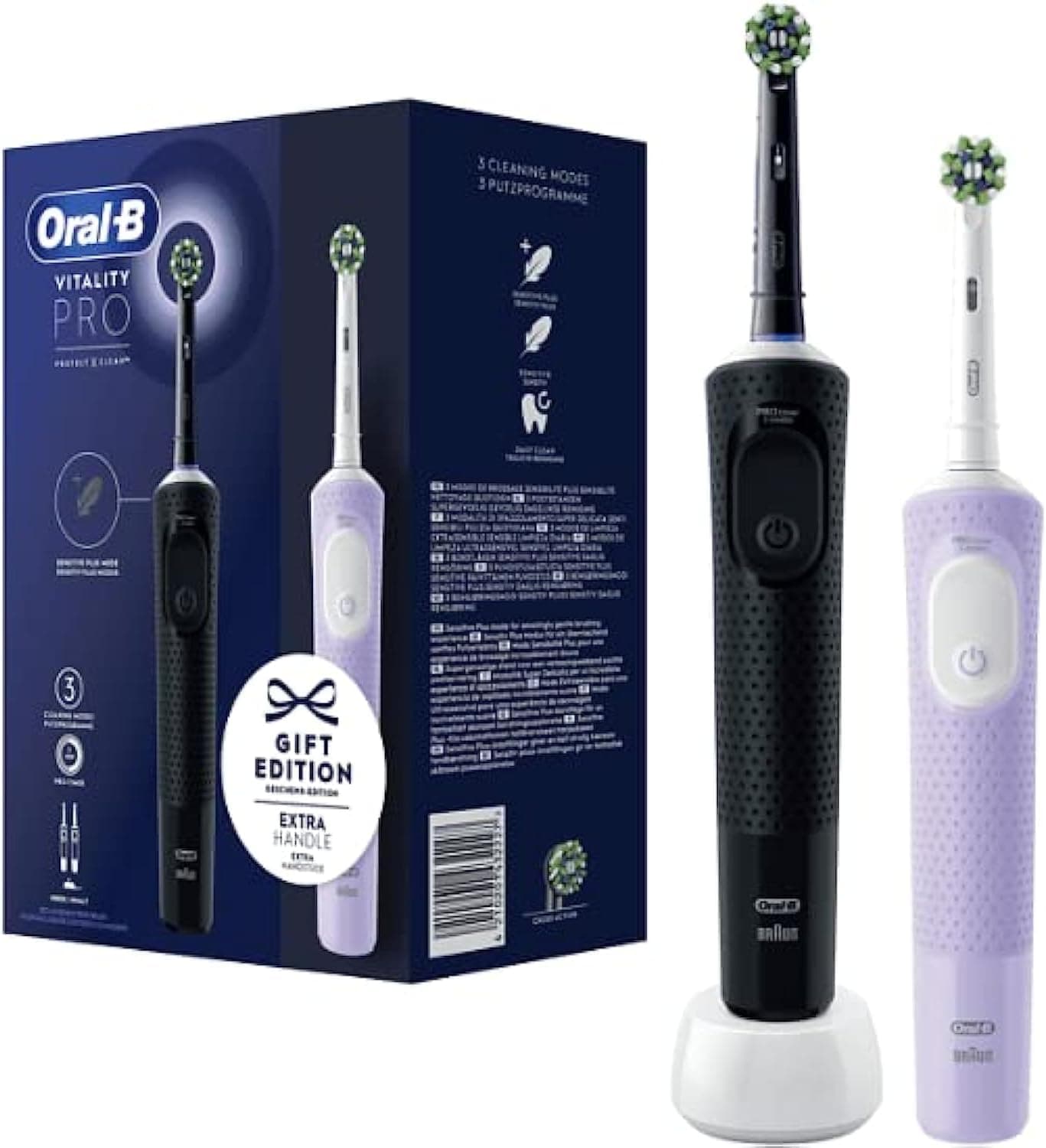 Oral-B Vitality Pro Lot de 2 brosses à dents électriques avec 2 brosses de rechange, 3 modes de nettoyage pour soins dentaires, cadeau pour homme/femme, conçu par Braun, noir/violet